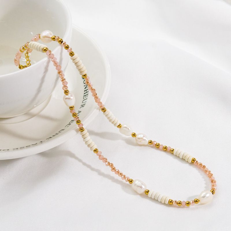 Modern Style Geometric Stainless Steel Crystal Freshwater Pearl Necklace