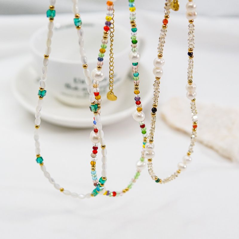 Casual Simple Style Round Multicolor Stainless Steel Natural Stone Freshwater Pearl Beaded Plating Necklace