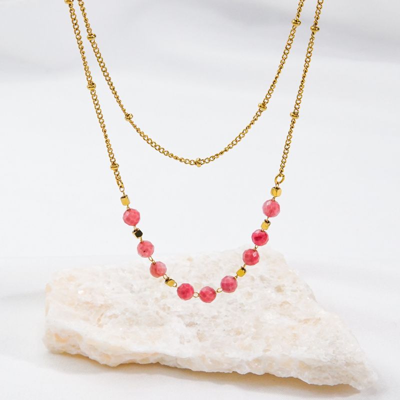 Casual Simple Style Round Stainless Steel Natural Stone Beaded Plating Layered Necklaces