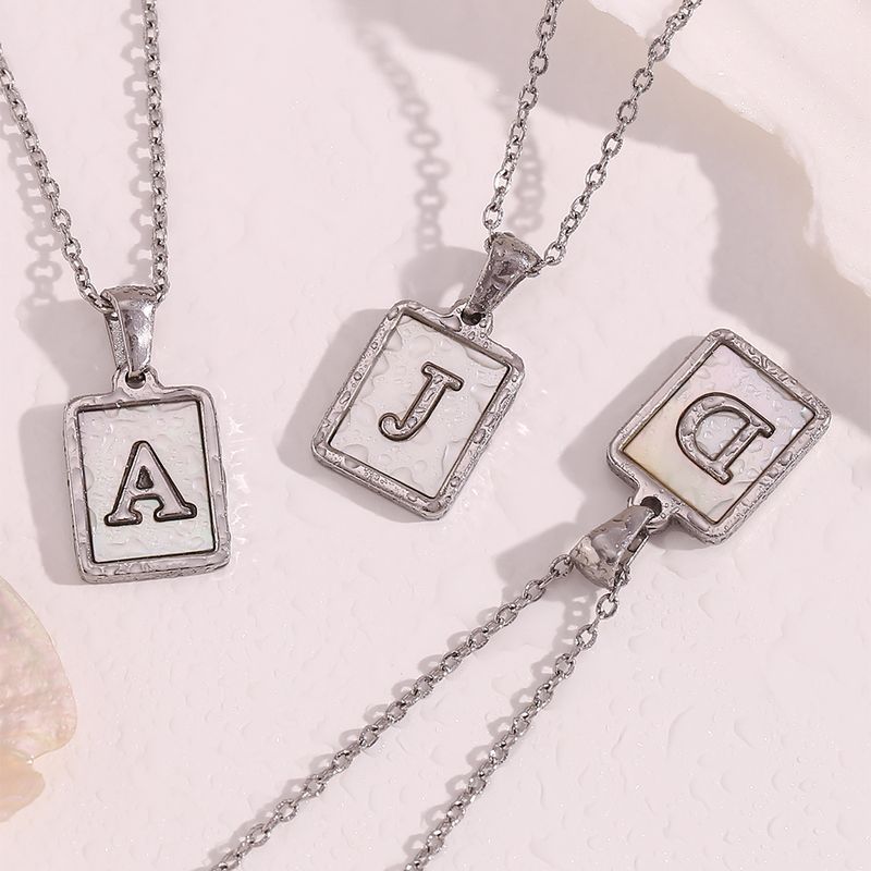 Simple Style Letter Square Stainless Steel Inlay Shell Pendant Necklace