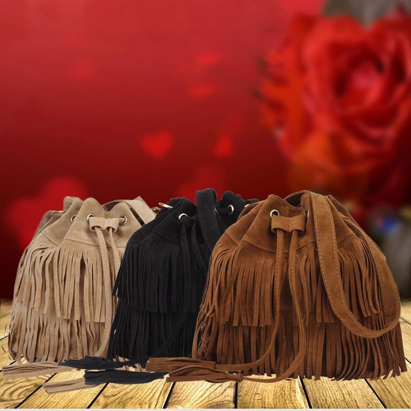Women's Large Pu Leather Solid Color Streetwear Tassel Bucket String Crossbody Bag