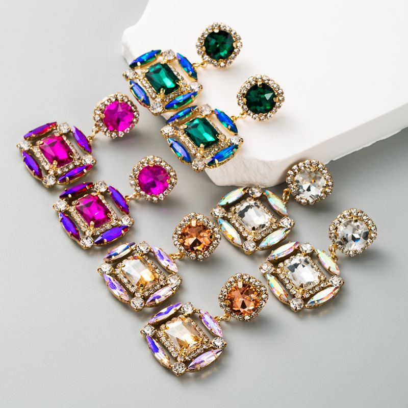 1 Par Elegante Lujoso Cuadrado Enchapado Embutido Aleación Diamantes De Imitación Chapado En Oro Pendientes De Gota
