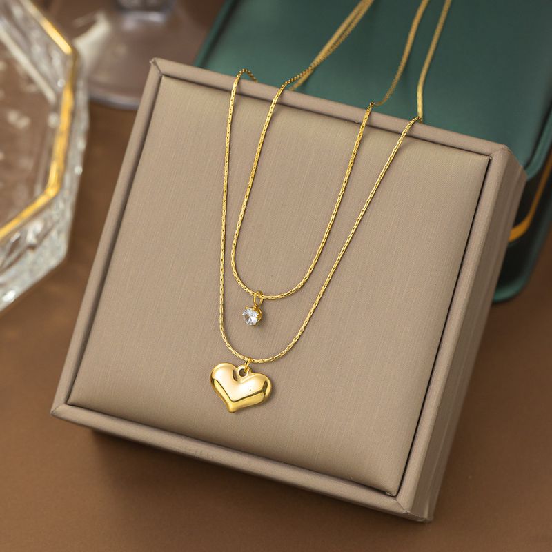 304 Stainless Steel 18K Gold Plated Sweet Heart Shape Artificial Rhinestones Layered Necklaces