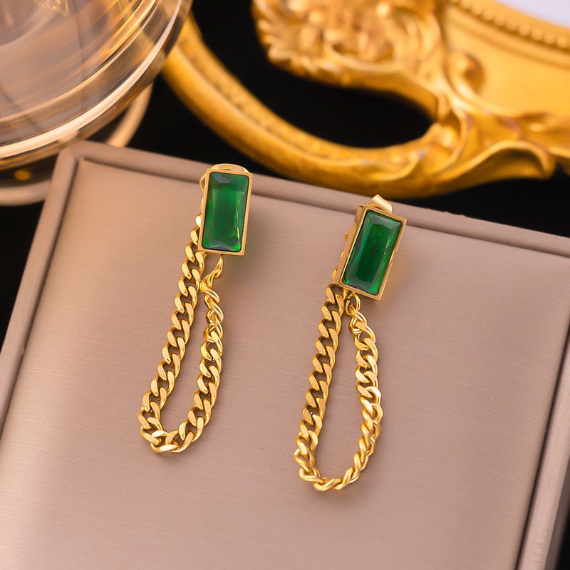 1 Pair Retro Simple Style Rectangle Plating Inlay 304 Stainless Steel Artificial Rhinestones 18K Gold Plated Drop Earrings