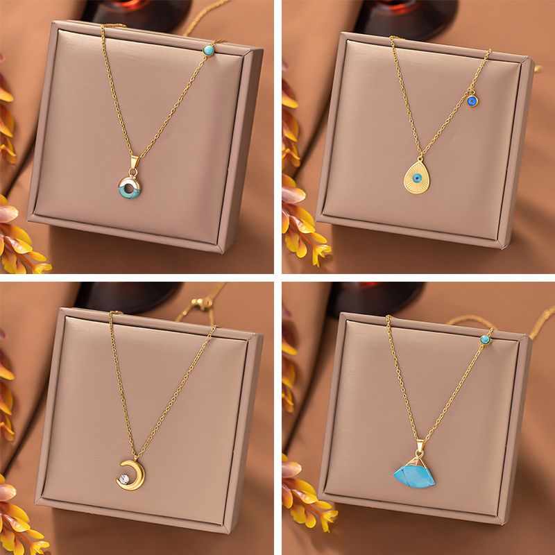 304 Stainless Steel 18K Gold Plated Streetwear Plating Inlay Moon Eye Resin Pendant Necklace