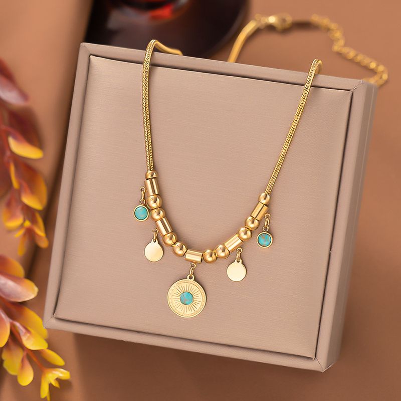 304 Stainless Steel 18K Gold Plated Retro Ethnic Style Plating Inlay Round Resin Bracelets Necklace