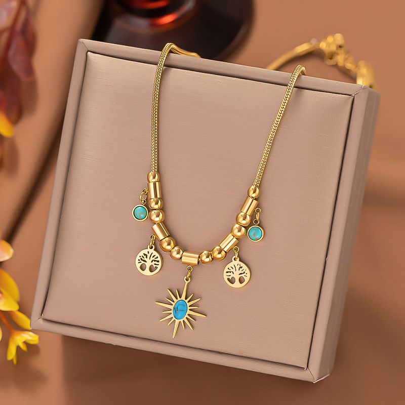 304 Stainless Steel 18K Gold Plated Streetwear Plating Inlay Sun Tree Resin Bracelets Necklace