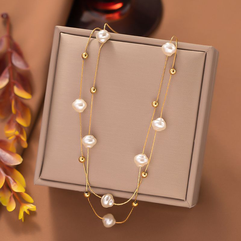 304 Stainless Steel 18K Gold Plated Lady Beaded Plating Pearl Layered Necklaces