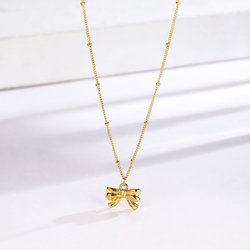304 Stainless Steel 18K Gold Plated Sweet Plating Bow Knot Pendant Necklace