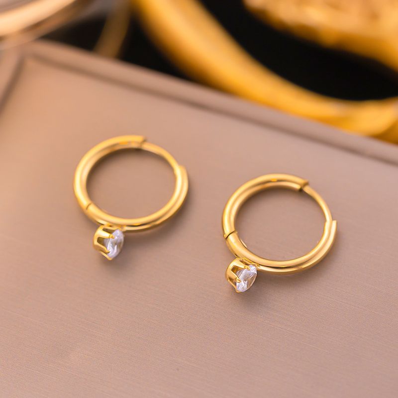 1 Pair Elegant Round Inlay 304 Stainless Steel Artificial Rhinestones 18K Gold Plated Earrings