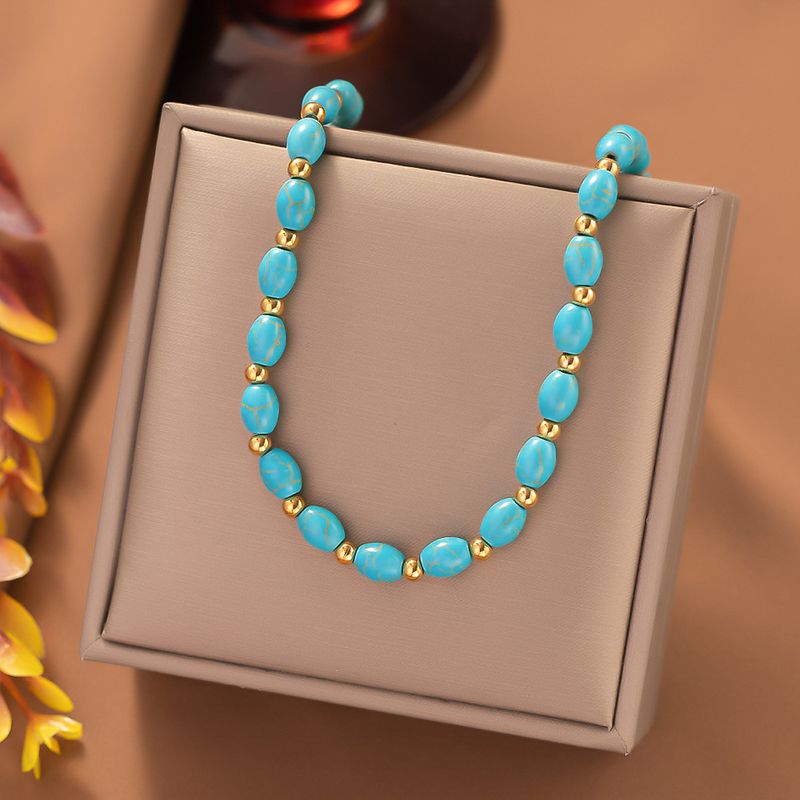 Elegant Streetwear Solid Color Natural Stone Titanium Steel Beaded Plating Necklace