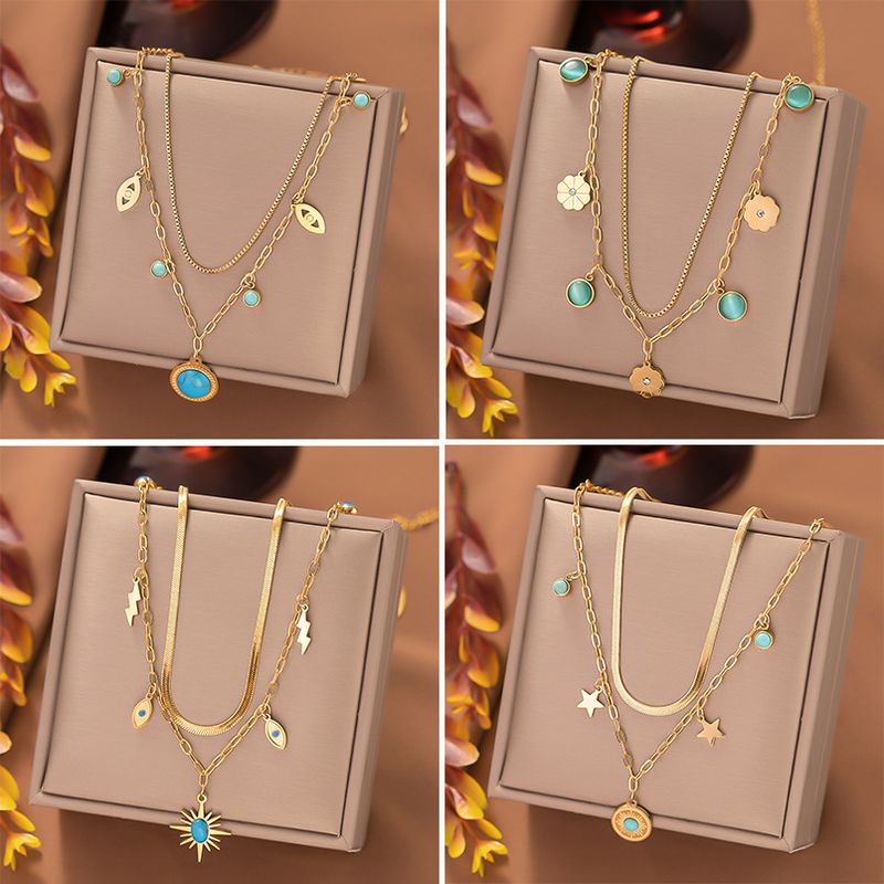 304 Stainless Steel 18K Gold Plated Elegant Inlay Eye Flower Lightning Artificial Rhinestones Resin Stone Layered Necklaces