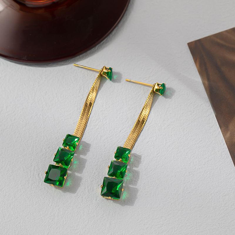 1 Pair Retro Square Plating Inlay 304 Stainless Steel Artificial Rhinestones 18K Gold Plated Drop Earrings