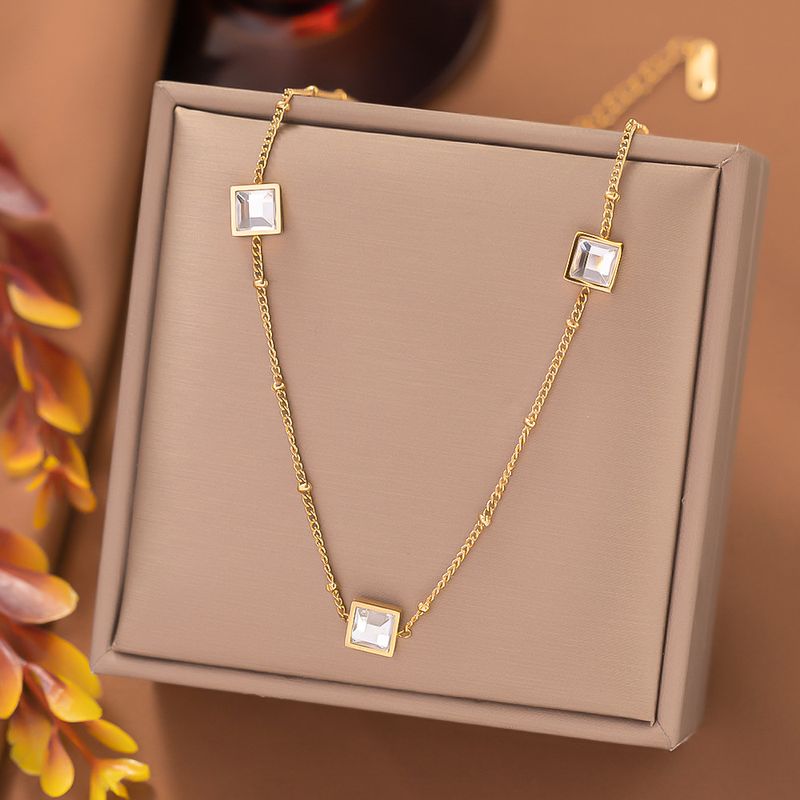 Simple Style Commute Square Titanium Steel Plating Inlay Zircon Necklace