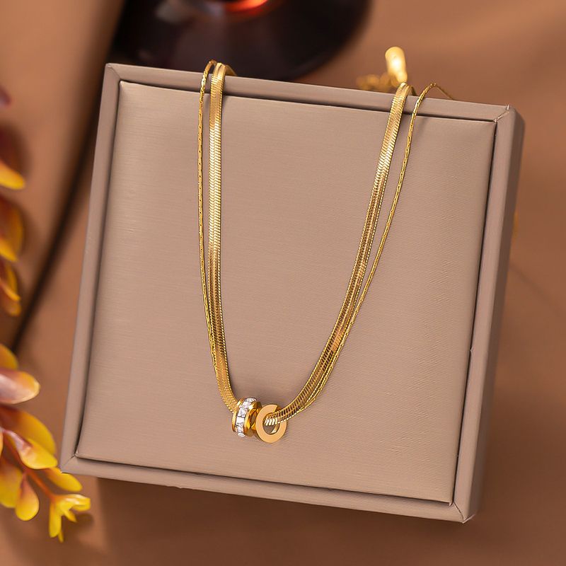 Simple Style Double Ring Titanium Steel Plating Inlay Artificial Diamond Layered Necklaces