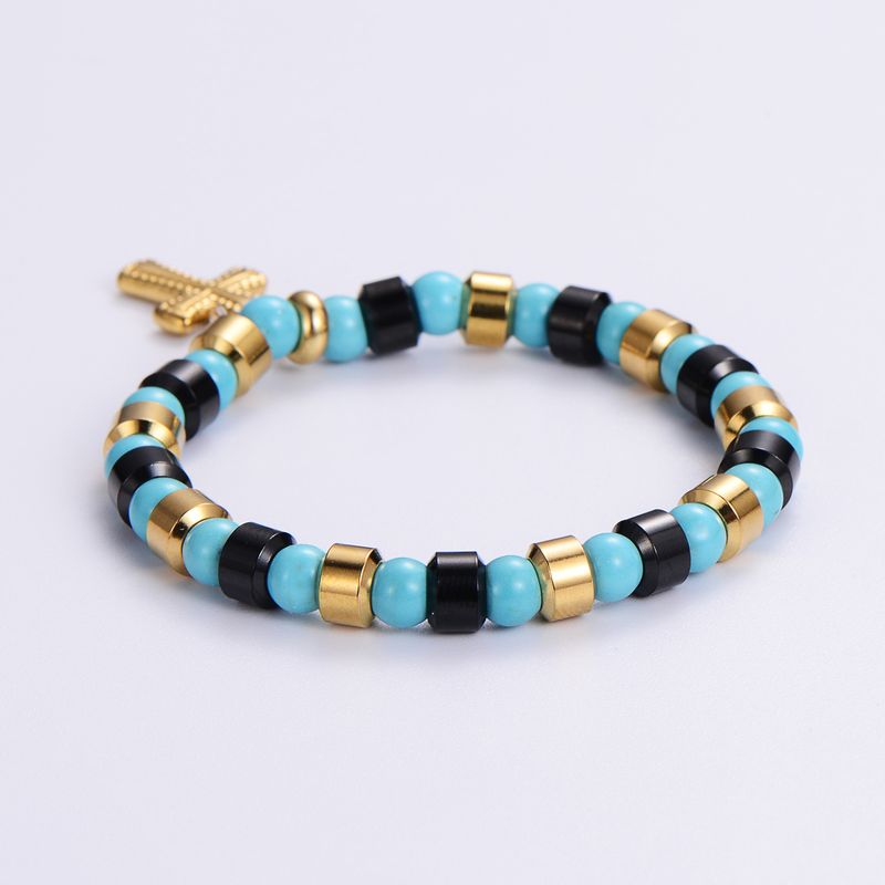 Punk Streetwear Cross Stainless Steel Turquoise Resin Plating 24k Gold Plated Bracelets