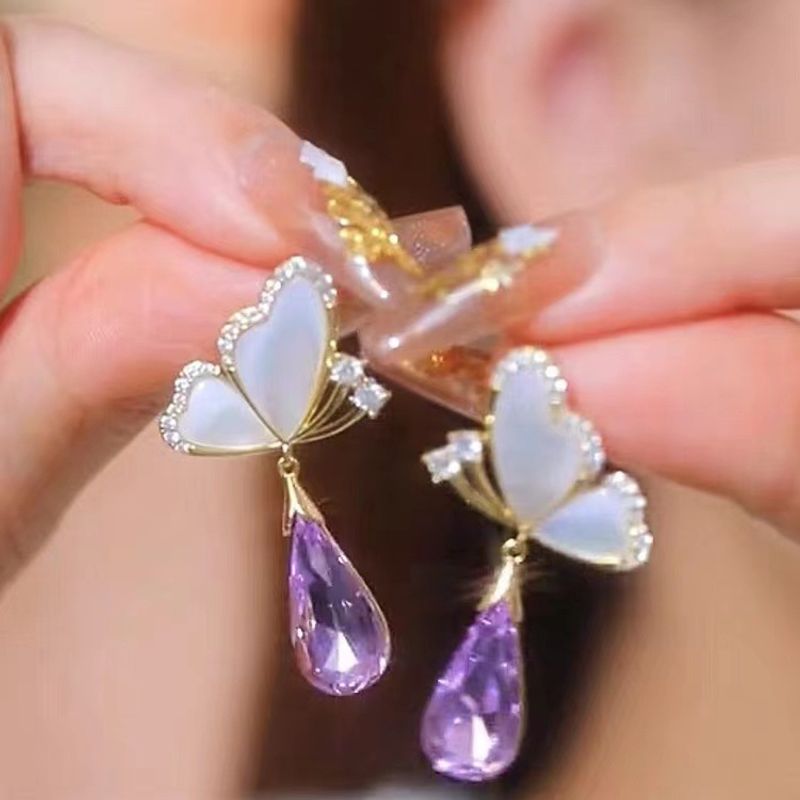 1 Paire Style De Fée Papillon Incruster Alliage Cristal Artificiel Opale Boucles D'oreilles