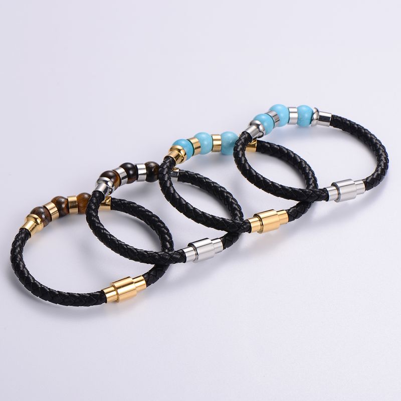 Casual Multicolor Stainless Steel Pu Leather Natural Stone 18K Gold Plated No Inlaid Wristband Bracelets In Bulk