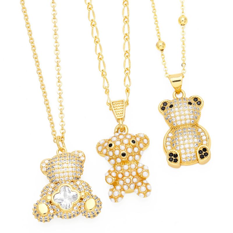 Mignon Style Simple Ours Acier Inoxydable Le Cuivre Placage Incruster Perle Zircon Plaqué Or 18k Pendentif