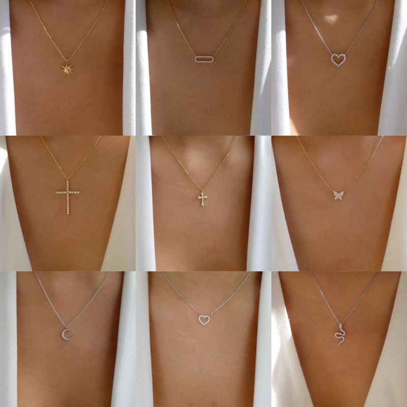 Ig Style Simple Style Cross Heart Shape Snake Alloy Plating Inlay Rhinestones Gold Plated Silver Plated Women's Necklace