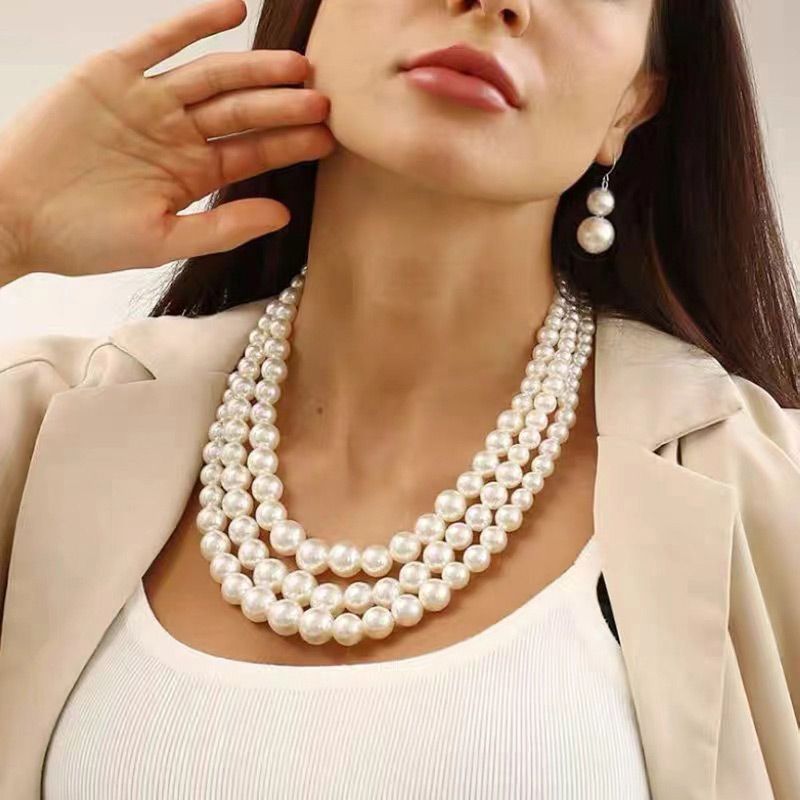 Elegante Color Sólido Perla De Imitación Aleación Mujeres Aretes Collar