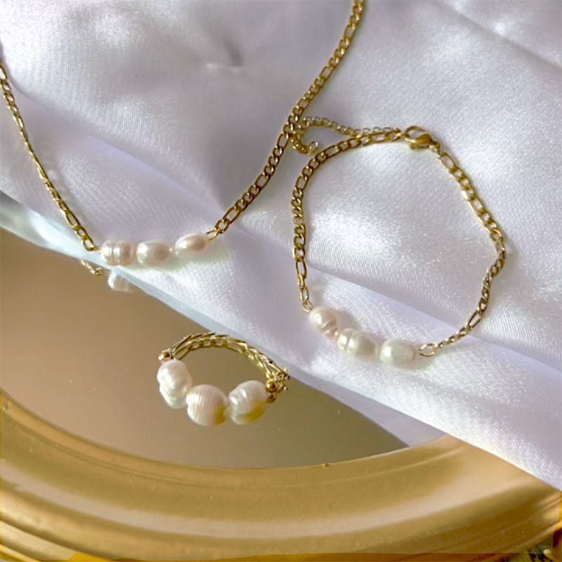 Elegant Geometric Stainless Steel Freshwater Pearl Plating Rings Earrings Necklace 1 Piece 1 Pair
