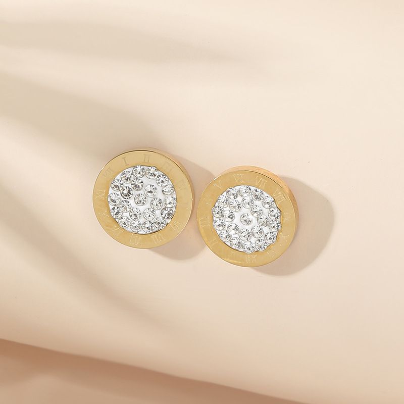 1 Par Elegante Señora Ronda Embutido Acero Inoxidable Diamantes De Imitación Chapados en oro de 18k Pendientes
