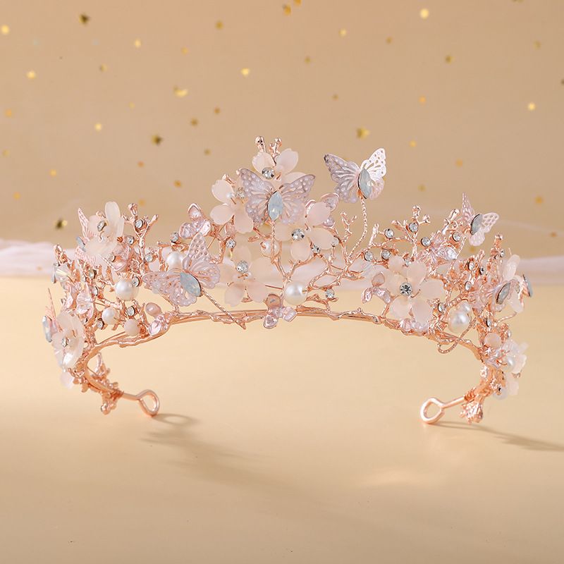 Elegant Braut Süss Blume Schmetterling Legierung Überzug Inlay Künstlicher Kristall Künstliche Perlen Strasssteine Krone