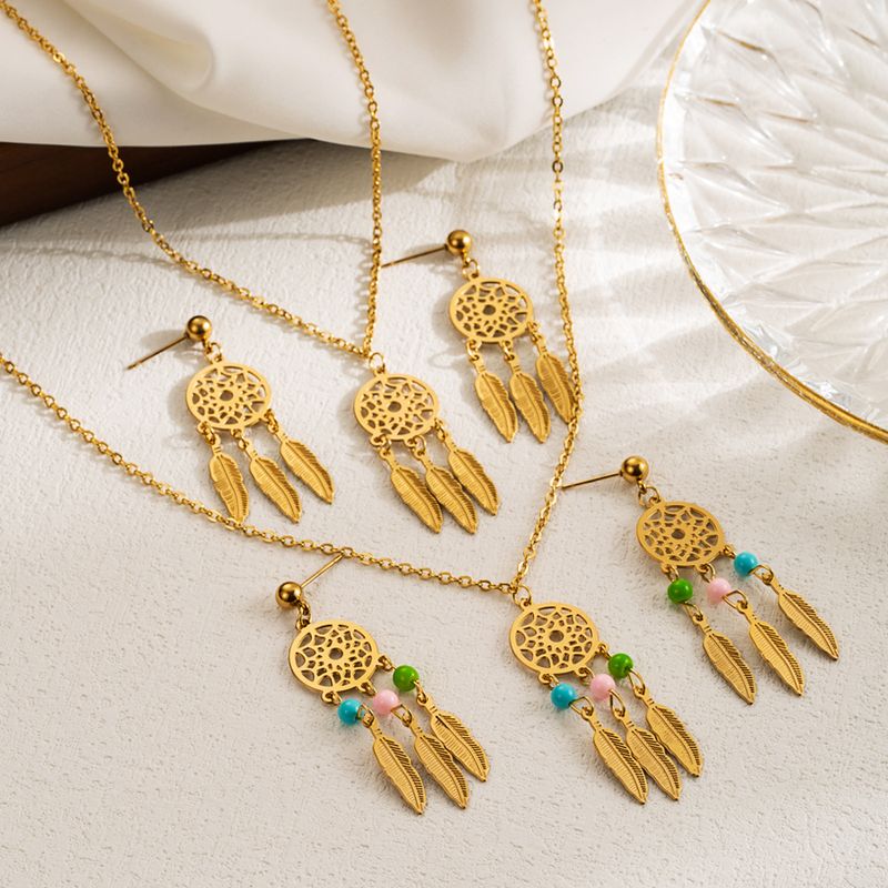 Wholesale Elegant Dreamcatcher Stainless Steel Hollow Out 18k Gold Plated Earrings Necklace