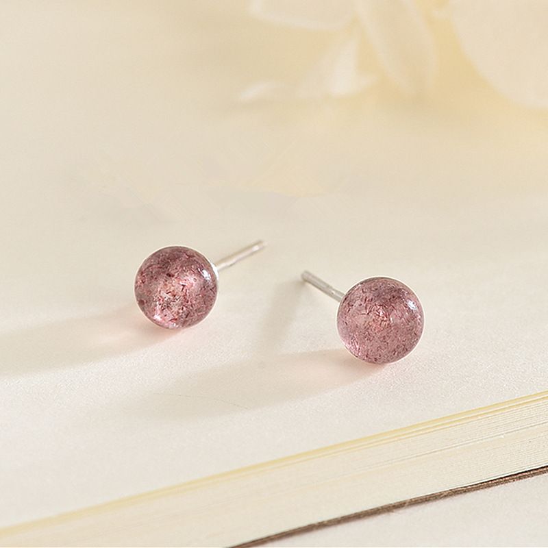 1 Pair Sweet Round Sterling Silver Strawberry Quartz Ear Studs