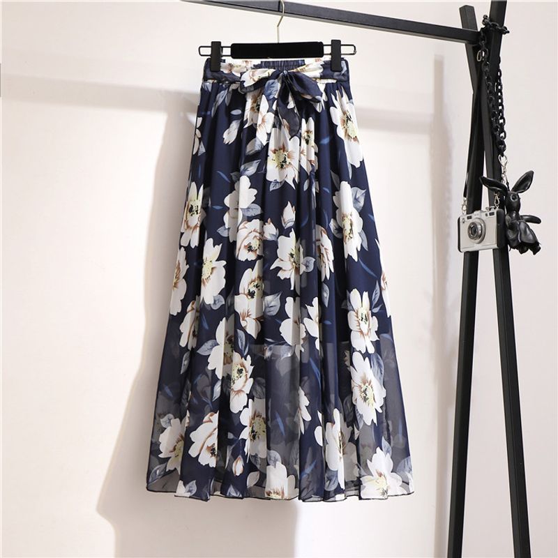 Sommer Lässig Vintage-stil Geometrisch Punktmuster Blume Polyester Chiffon Maxi Langes Kleid Röcke