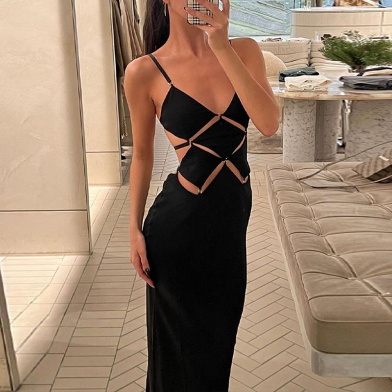 Women's Sheath Dress Elegant Sexy V Neck Hollow Out Backless Sleeveless Solid Color Maxi Long Dress Banquet