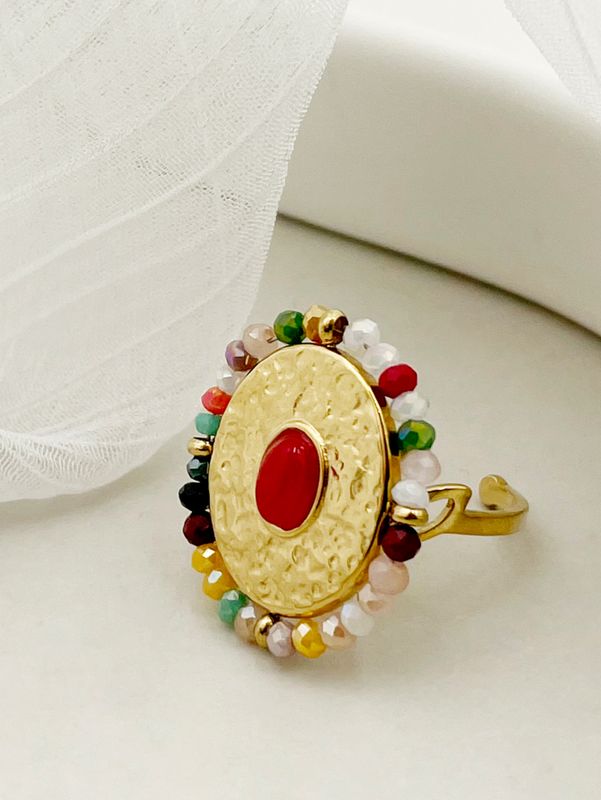 304 Stainless Steel Beaded 14K Gold Plated Vacation Plating Colorful Oval Natural Stone Crystal Beads Open Ring