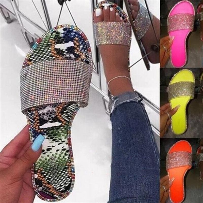 Women's Casual Solid Color Rhinestone Round Toe Slides Slippers