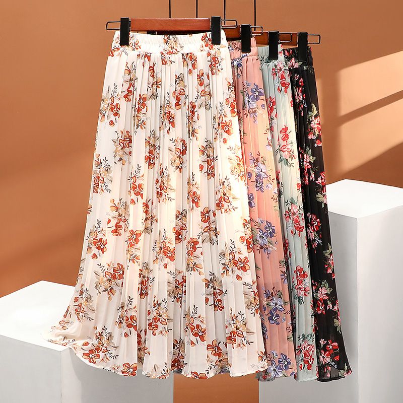 Summer Streetwear Flower Polyester Chiffon Midi Dress Skirts