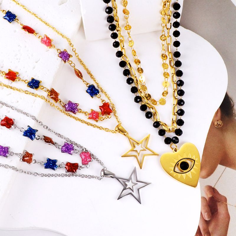 Ig Style Star Heart Shape Stainless Steel Titanium Steel Plating Inlay Artificial Crystal Layered Necklaces