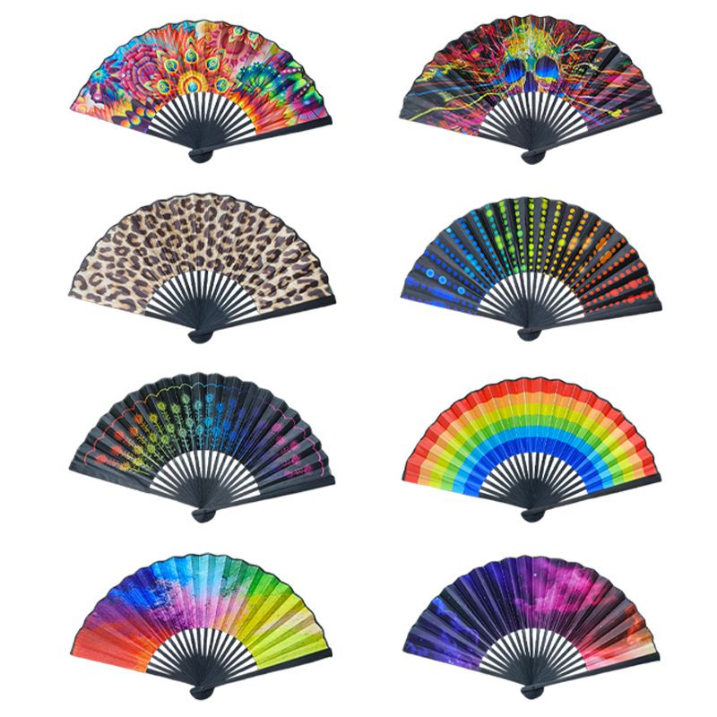 23cm Black Straight Bone National Style Satin Fan Rainbow Series Abstract Painting Style Folding Fan Classic Ancient Style Small Folding Fan