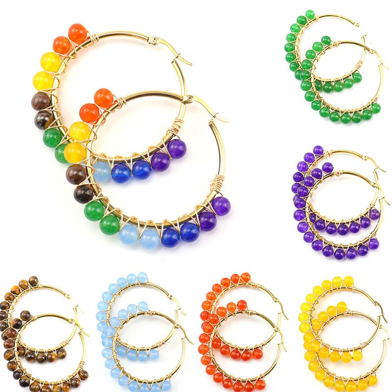 1 Pair Retro Simple Style Round Beaded Plating Natural Stone Copper Hoop Earrings