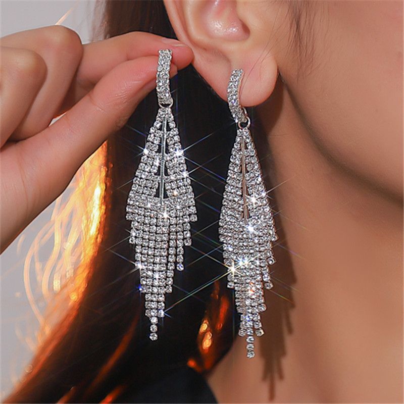 Glam Shiny Tassel Rhinestone Inlay Rhinestones Silver Plated Women's Drop Earrings