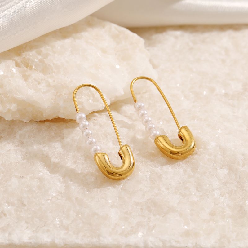 1 Pair Simple Style Paper Clip Pearl Plating 304 Stainless Steel Earrings