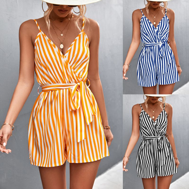Women's Holiday Daily Vacation Stripe Shorts Backless Rompers