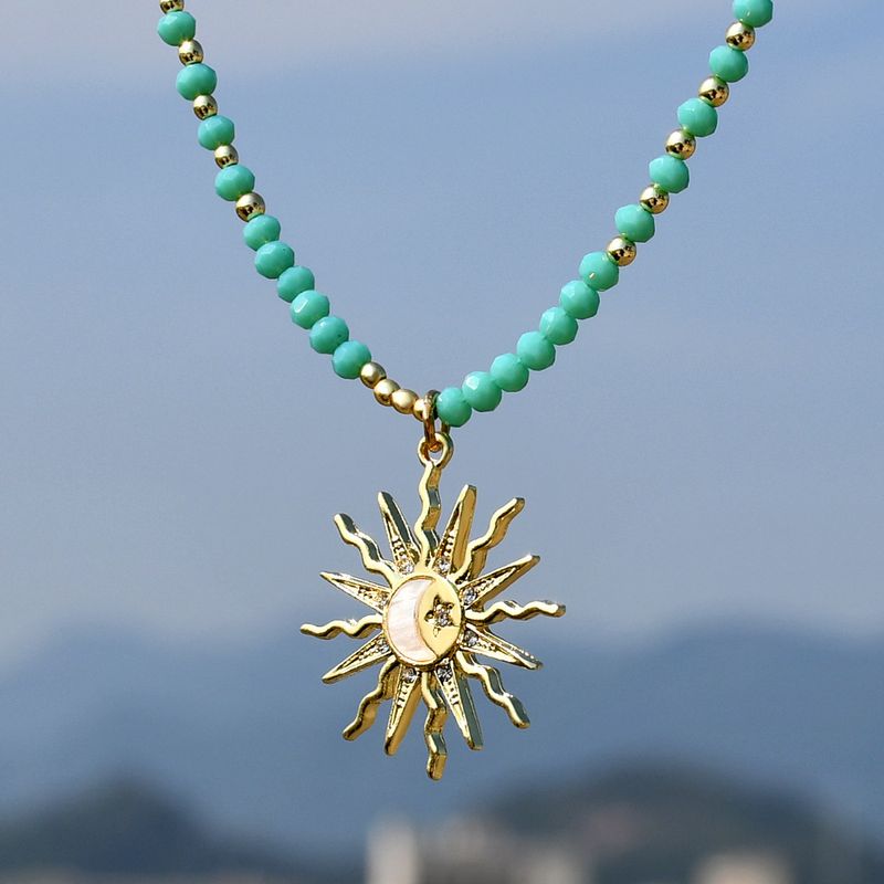 Stainless Steel Artificial Crystal Alloy Gold Plated Simple Style Beaded Sun Pendant Necklace