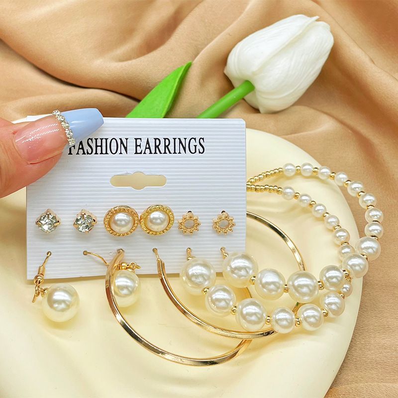 6 Pairs Lady Streetwear Pearl Beaded Alloy Hoop Earrings Drop Earrings Ear Studs