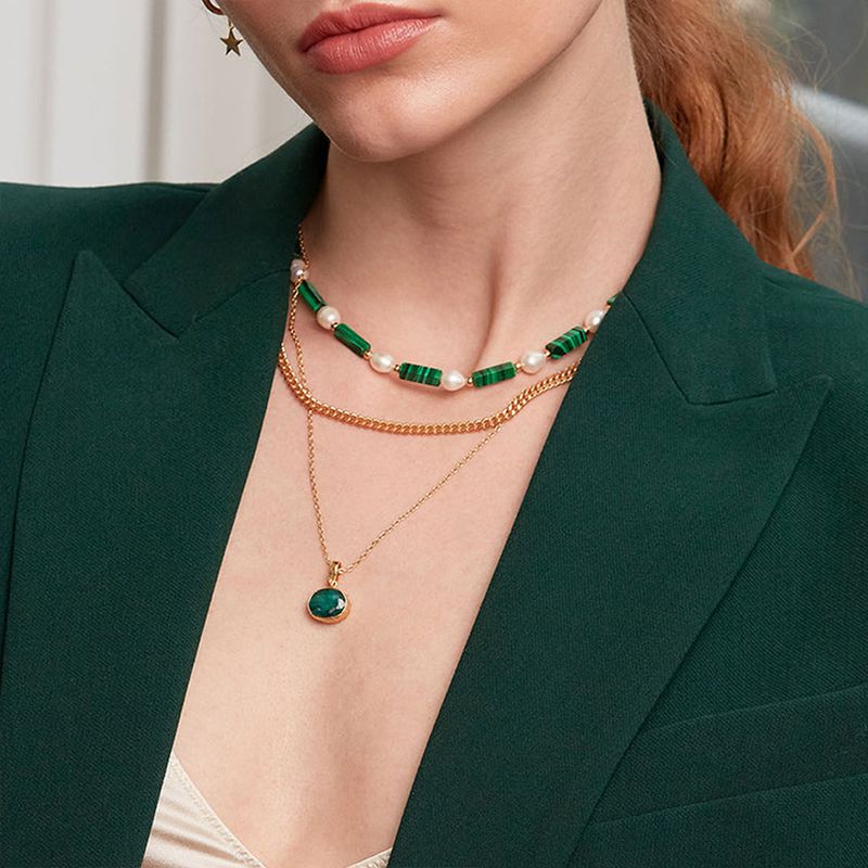 Stainless Steel Imitation Pearl Malachite Gold Plated Commute Beaded Round Necklace