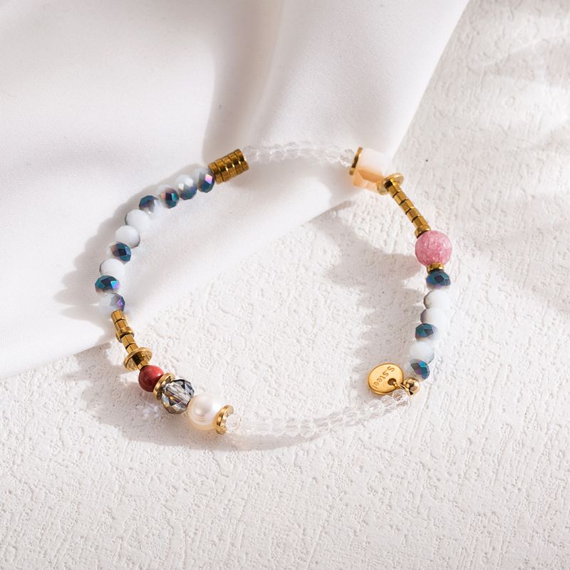 Modern Style Colorful Stainless Steel Natural Stone Freshwater Pearl Beaded 18k Gold Plated Bracelets