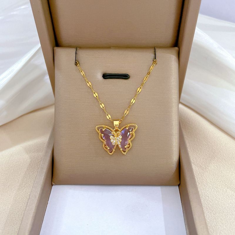 Stainless Steel Copper Modern Style Inlay Butterfly Zircon Pendant Necklace