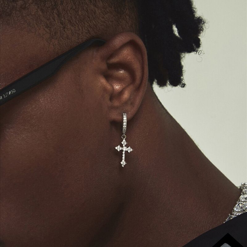 1 Pair Hip-hop Cross Inlay Copper Zircon White Gold Plated Drop Earrings