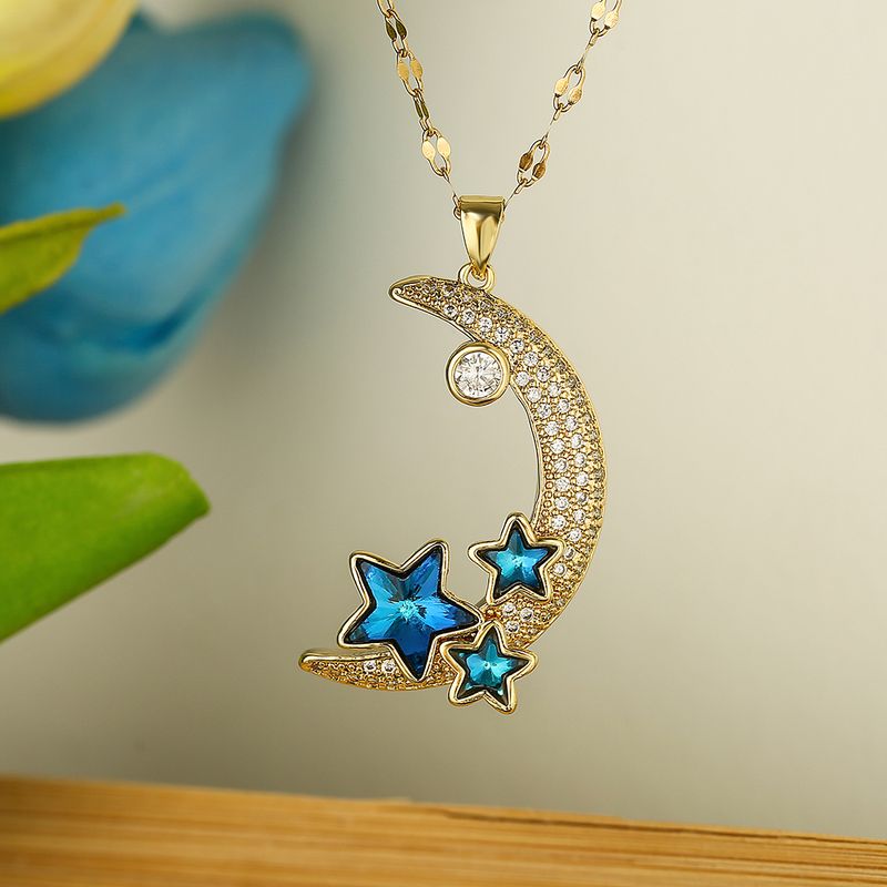 Simple Style Star Moon Copper 18k Gold Plated Zircon Pendant Necklace In Bulk
