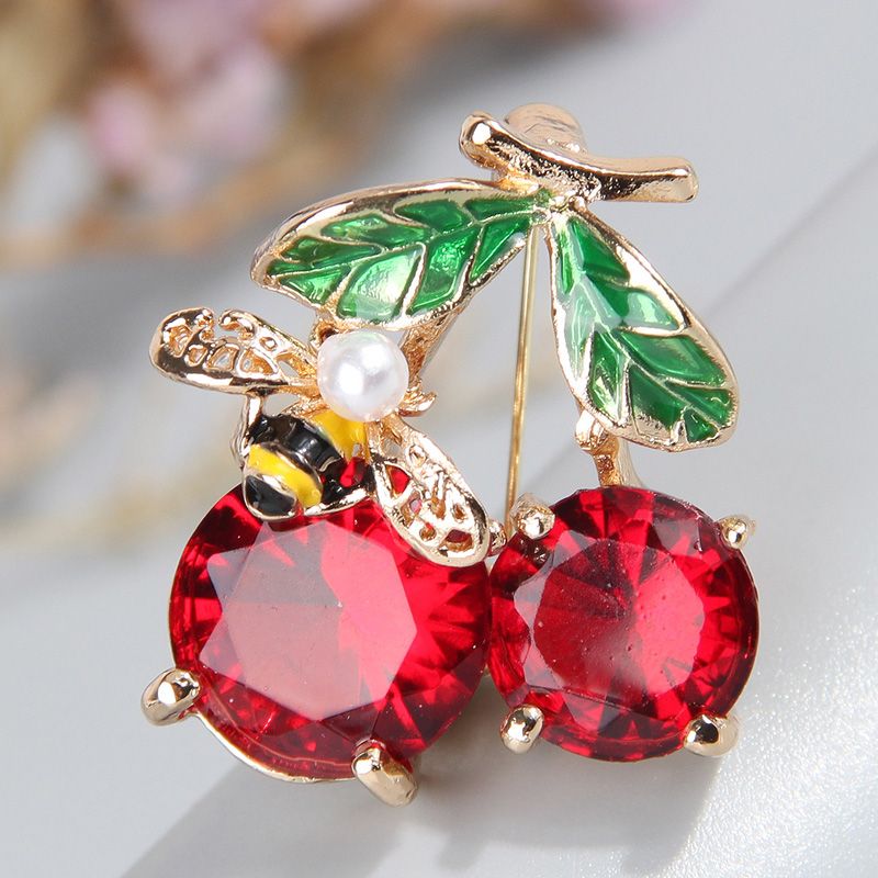 Elegant Sweet Cherry Bee Alloy Inlay Glass Women's Brooches 1 Piece