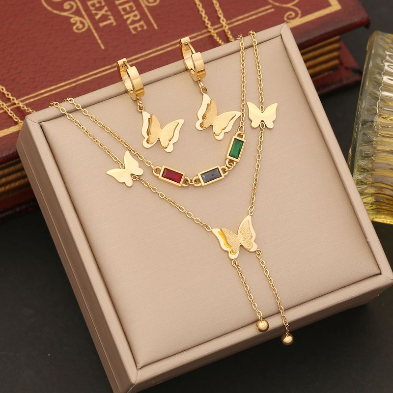 Stainless Steel 18K Gold Plated Elegant Sweet Inlay Butterfly Zircon Bracelets Earrings Necklace